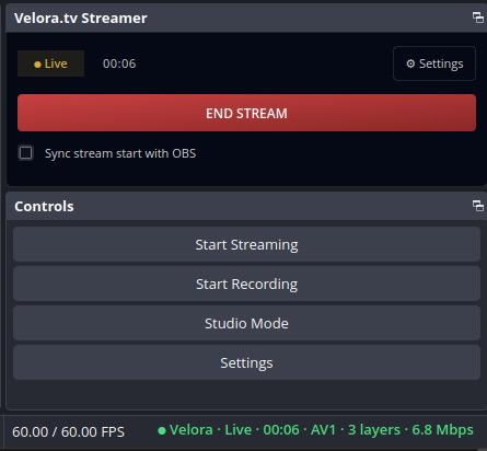 The Velora.tv Streamer dock live inside OBS, running 3 simulcast layers at 6.8 Mbps.